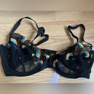 Savage X Fenty Black Embroidered Rainbow Heart Bra 36DD